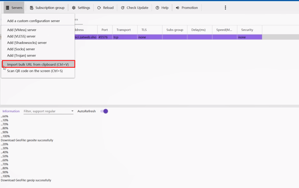 تصویزی از وارد کردن کانفیگ سرور در v2rayN در ویندوز به کاربران اتصال